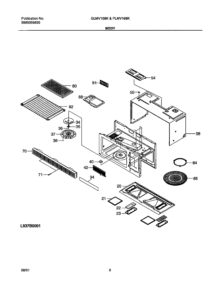 BODY Diagram and Parts List for GLMV168KQ1  Frigidaire Microwave