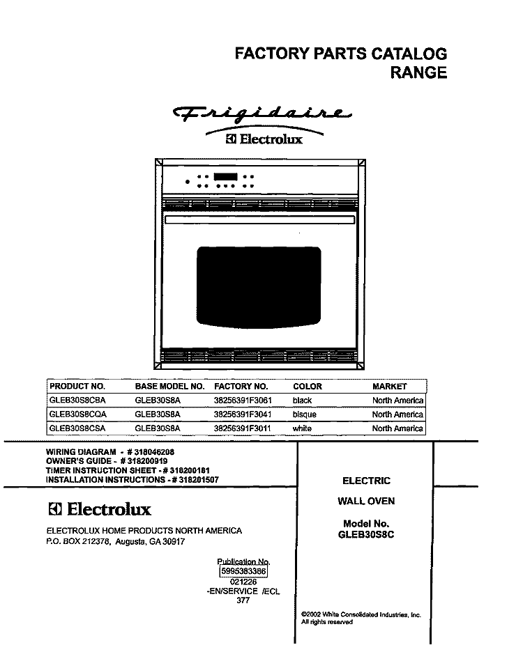 COVER Diagram and Parts List for GLEB30S8CBA  Frigidaire Wall Oven