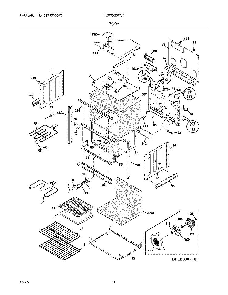 BODY Diagram and Parts List for FEB30S6FCF  Frigidaire Wall Oven