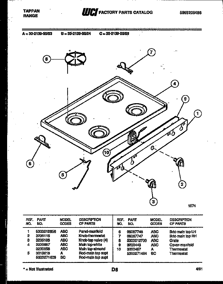 COOKTOP PARTS Diagram and Parts List for 30-2139-23-05  Tappan Range
