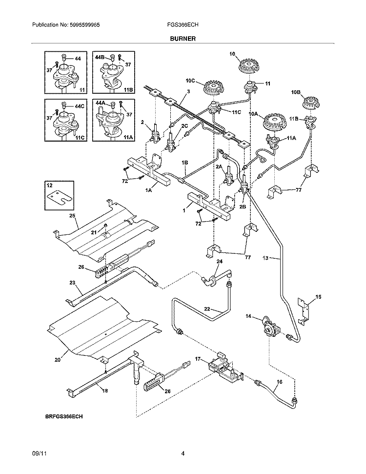 BURNER Diagram and Parts List for FGS366ECH  Frigidaire Range