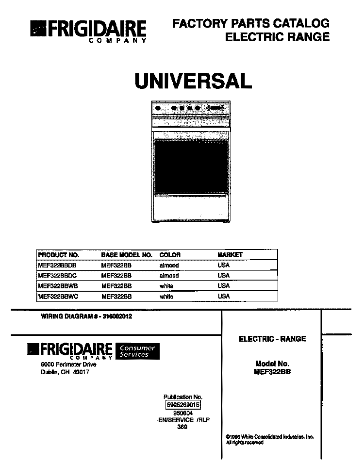 COVER Diagram and Parts List for MEF322BBWC  Frigidaire Range