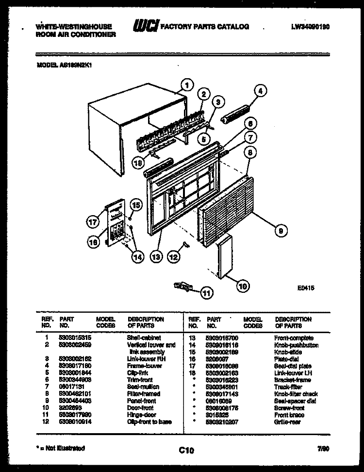 CABINET PARTS Diagram and Parts List for AS189N2K1  Frigidaire Air Conditioner