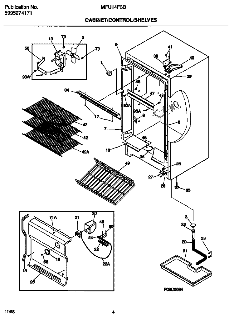CABINET / CONTROL / SHELVES Diagram and Parts List for MFU14F3BW3  Frigidaire Freezer
