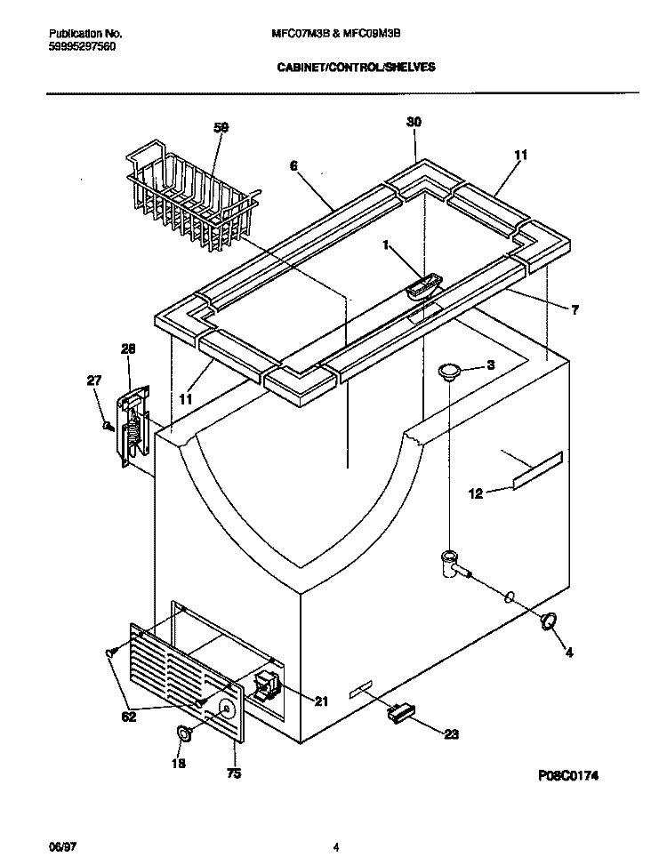 CABINET / CONTROL / SHELVES Diagram and Parts List for MFC07M3BW4  Frigidaire Freezer