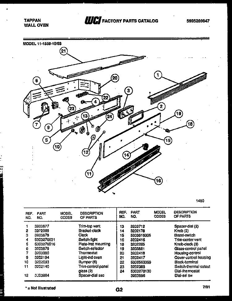 CONTROL PANEL Diagram and Parts List for 11-1559-00-03  Tappan Wall Oven
