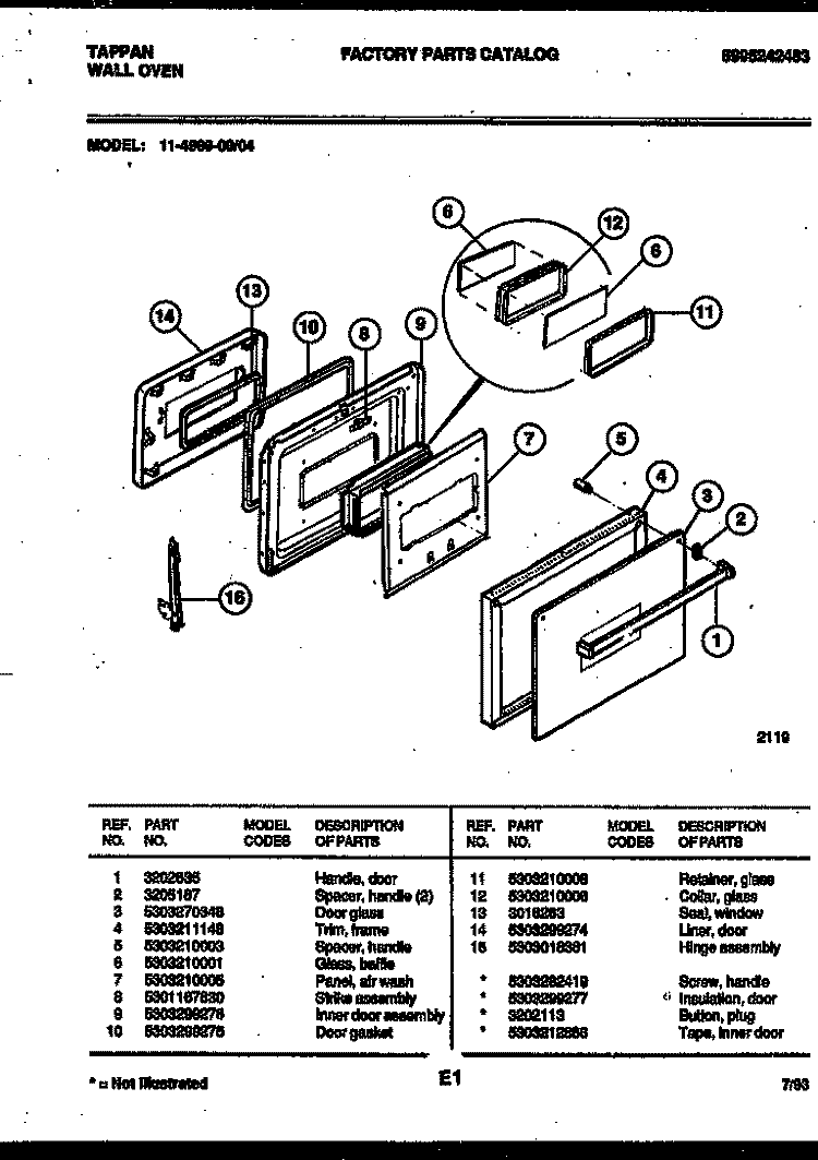 DOOR PARTS Diagram and Parts List for 11-4989-00-04  Tappan Wall Oven