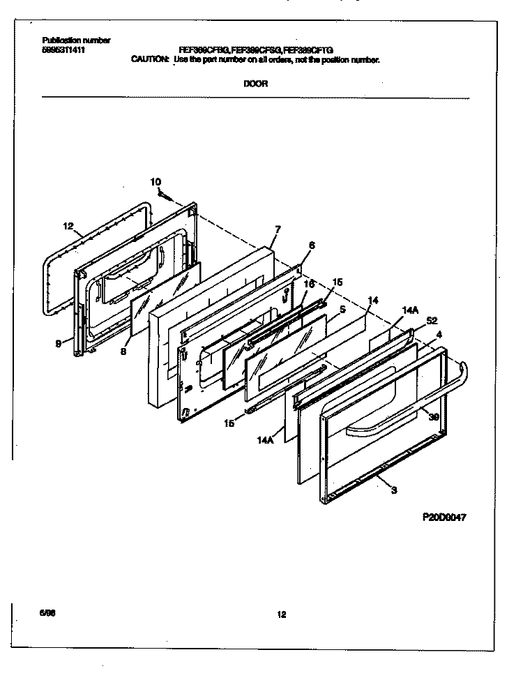 DOOR Diagram and Parts List for FEF389CFSG  Frigidaire Range