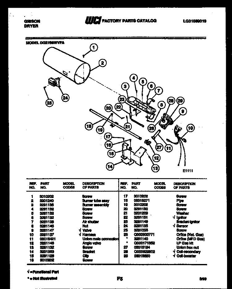 BURNER, IGNITER AND VALVE Diagram and Parts List for DG27S6DVFA  Gibson Dryer