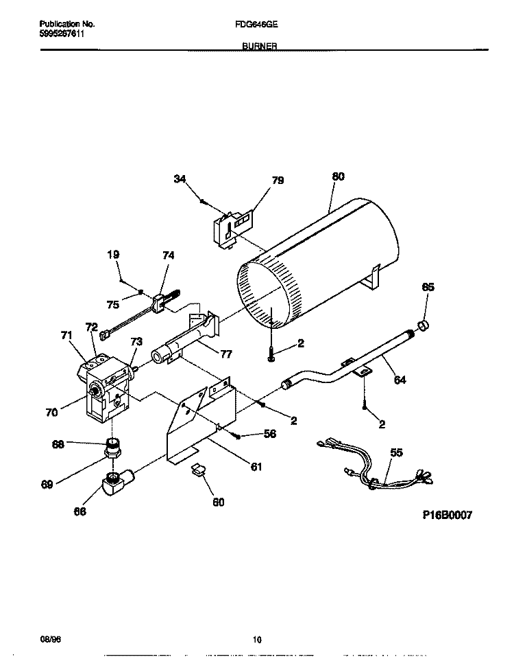 BURNER Diagram and Parts List for FDG646GES0  Frigidaire Dryer