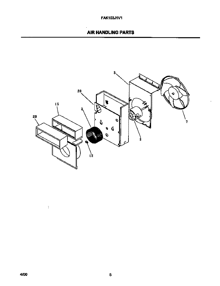 AIR HANDLING PARTS Diagram and Parts List for FAK103J1V1  Frigidaire Air Conditioner