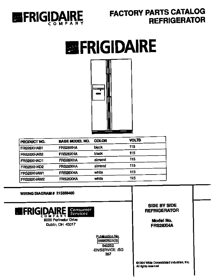 COVER Diagram and Parts List for FRS28XHAB1  Frigidaire Refrigerator