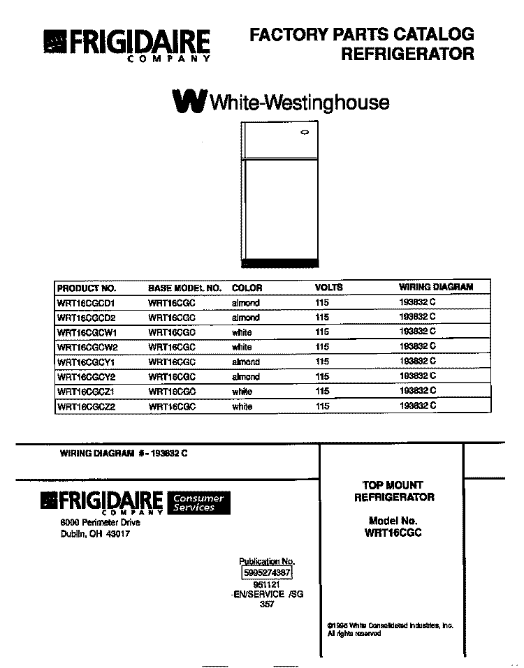 COVER Diagram and Parts List for WRT16CGCD2  Frigidaire Refrigerator