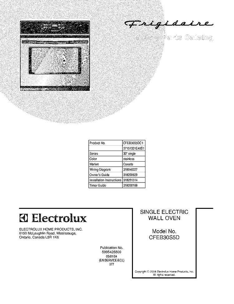 COVER Diagram and Parts List for CFEB30S5DC1  Frigidaire Wall Oven