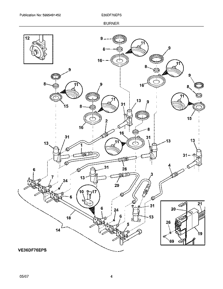 BURNER Diagram and Parts List for E36DF76EPS  Electrolux Cooktop