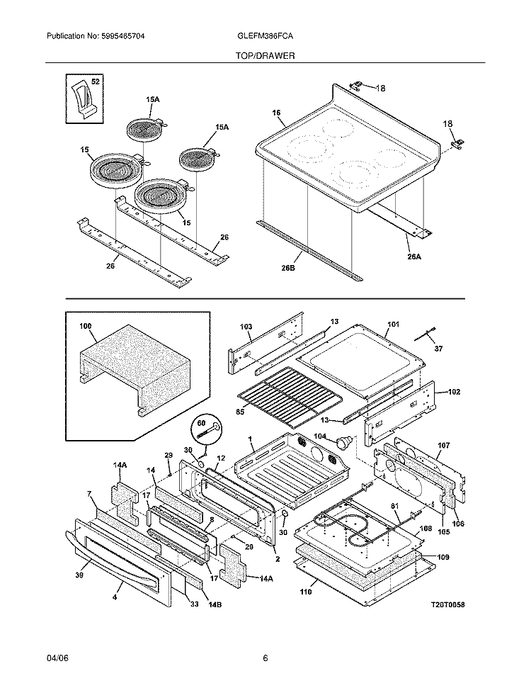 TOP / DRAWER Diagram and Parts List for GLEFM386FCA  Frigidaire Range