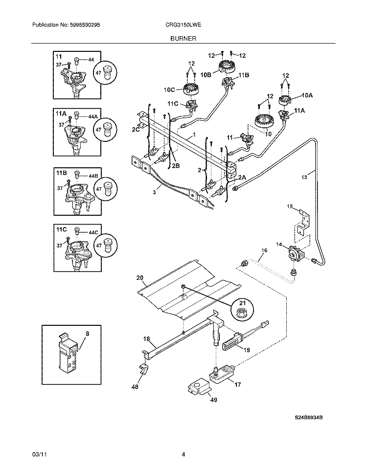 BURNER Diagram and Parts List for CRG3150LWE  Crosley Range