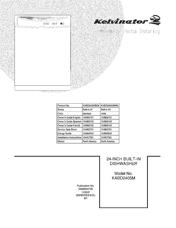COVER Diagram and Parts List for KABD2405MW0A  Kelvinator Dishwasher