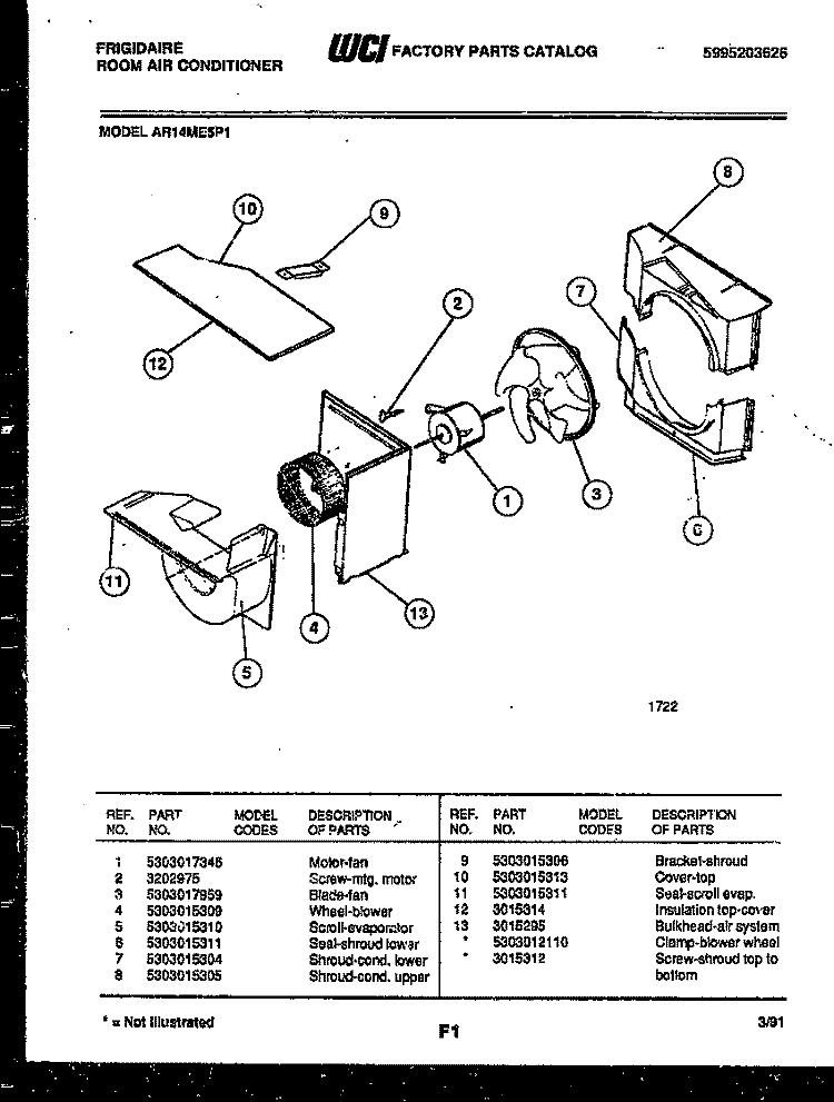 AIR HANDLING PARTS Diagram and Parts List for AR14ME5P1  Frigidaire Air Conditioner