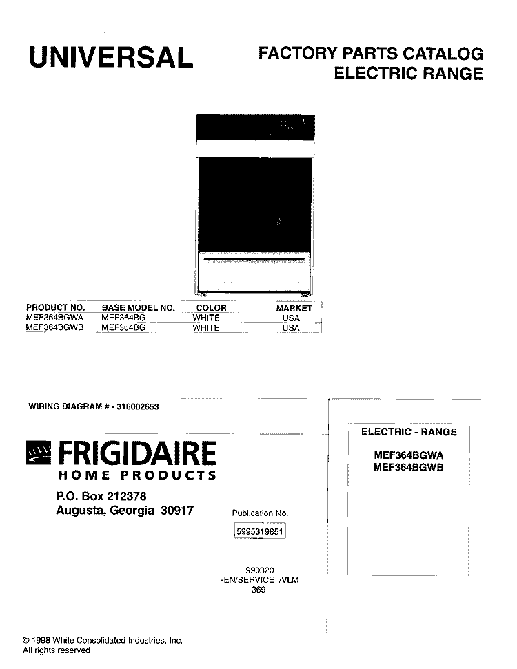 COVER Diagram and Parts List for MEF364BGWA  Frigidaire Range