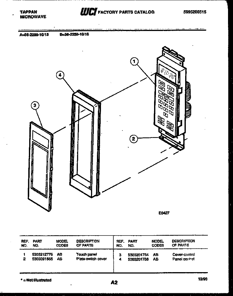 CONTROL PANEL Diagram and Parts List for 56-2258-10-15  Tappan Microwave