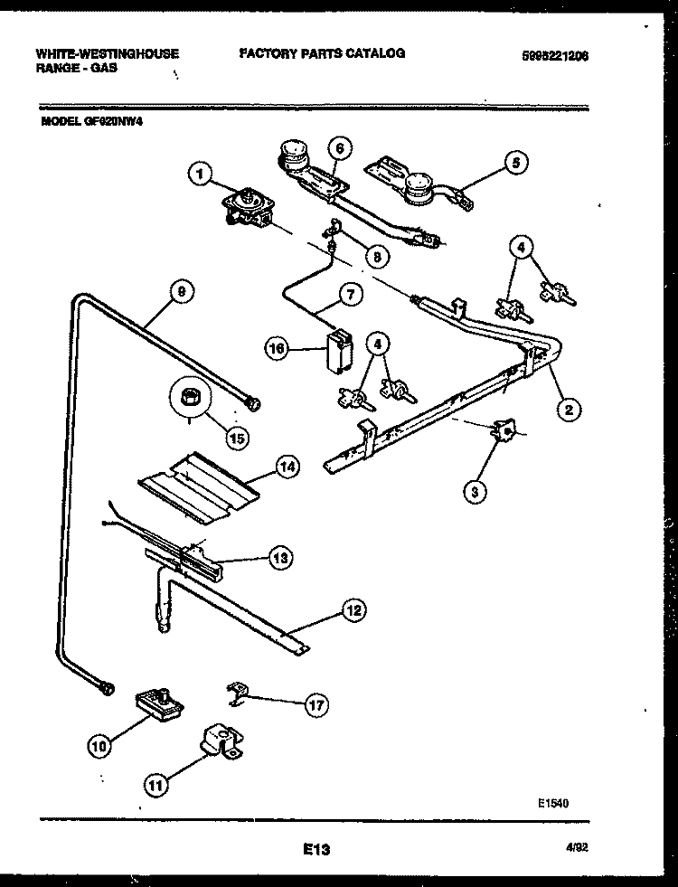 BURNER, MANIFOLD AND GAS CONTROL Diagram and Parts List for GF620ND4  Frigidaire Range