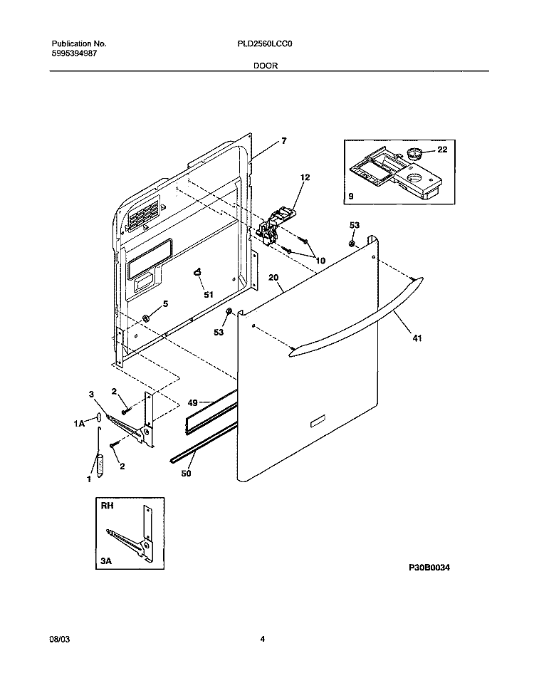 DOOR Diagram and Parts List for PLD2560LCC0  Frigidaire Dishwasher