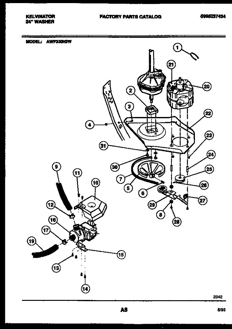 MOTOR AND IDLER ARM CLUTCH Diagram and Parts List for AWP330H3D  Kelvinator Washer