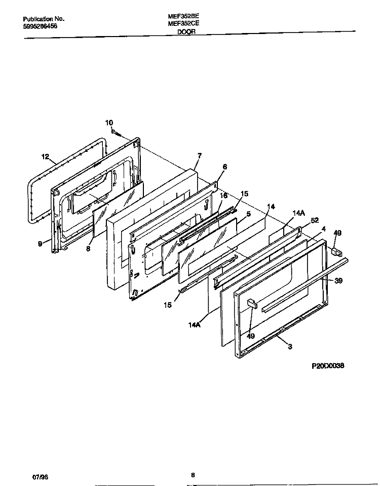 DOOR Diagram and Parts List for MEF352BEDB  Frigidaire Range