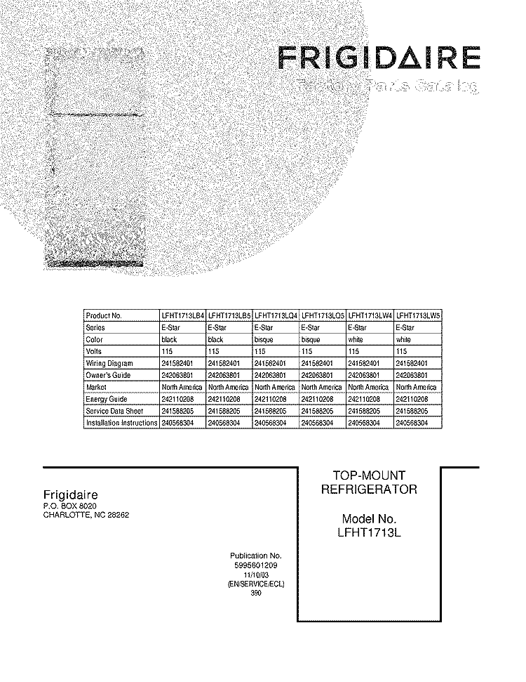 COVER Diagram and Parts List for LFHT1713LW4  Frigidaire Refrigerator