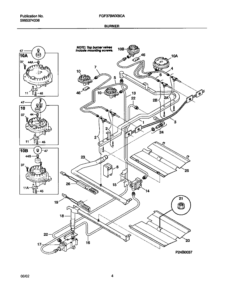 BURNER Diagram and Parts List for FGF379WXBCA  Frigidaire Range