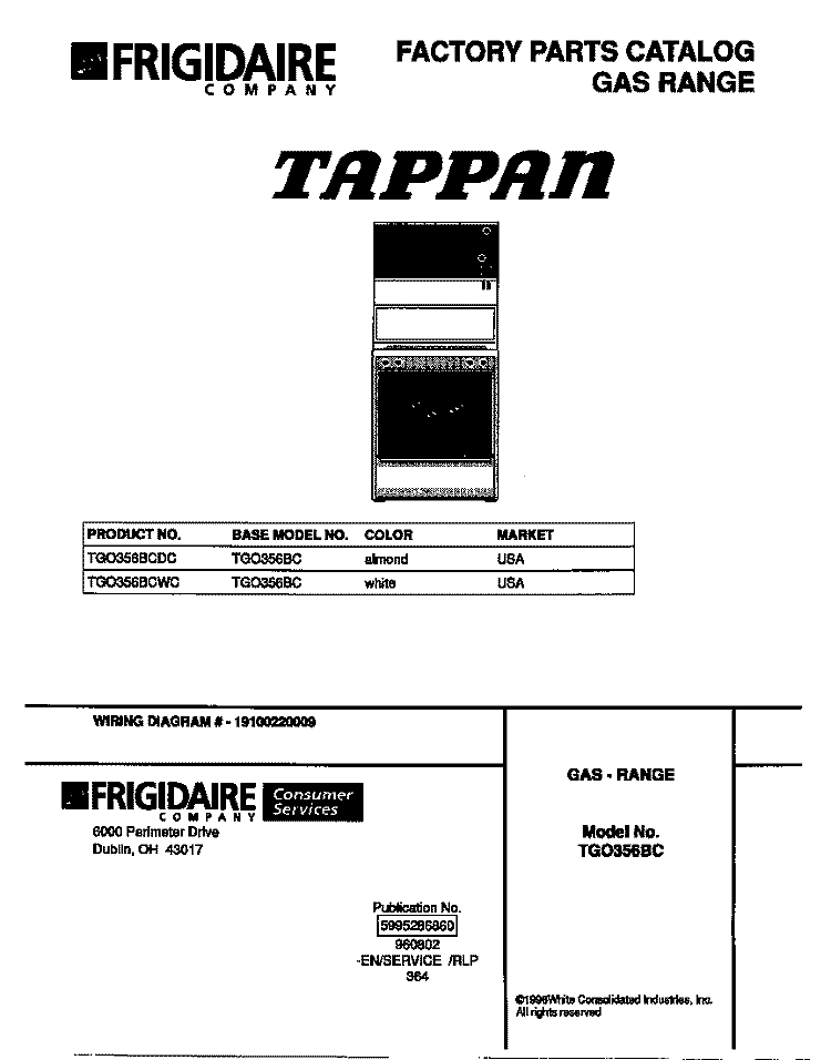 COVER Diagram and Parts List for TGO356BCDC  Tappan Range