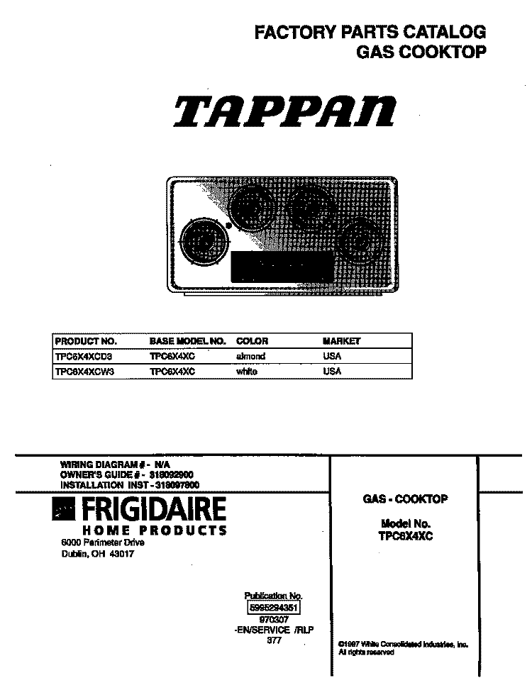 COVER Diagram and Parts List for TPC6X4XCD3  Tappan Cooktop