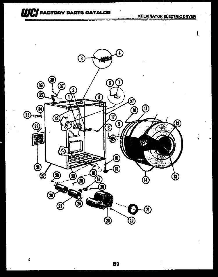 CABINET, DRUM AND BLOWER HOUSING Diagram and Parts List for DES100CD1  Kelvinator Dryer