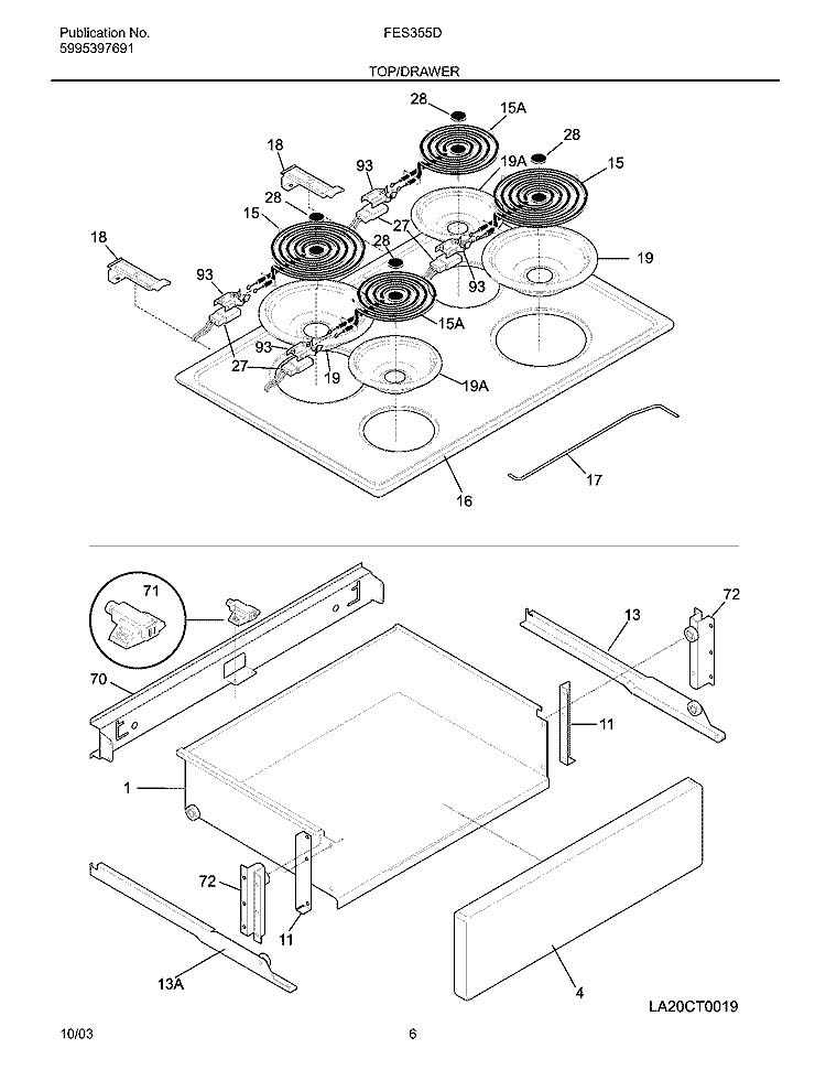 TOP / DRAWER Diagram and Parts List for FES355DSA  Frigidaire Range
