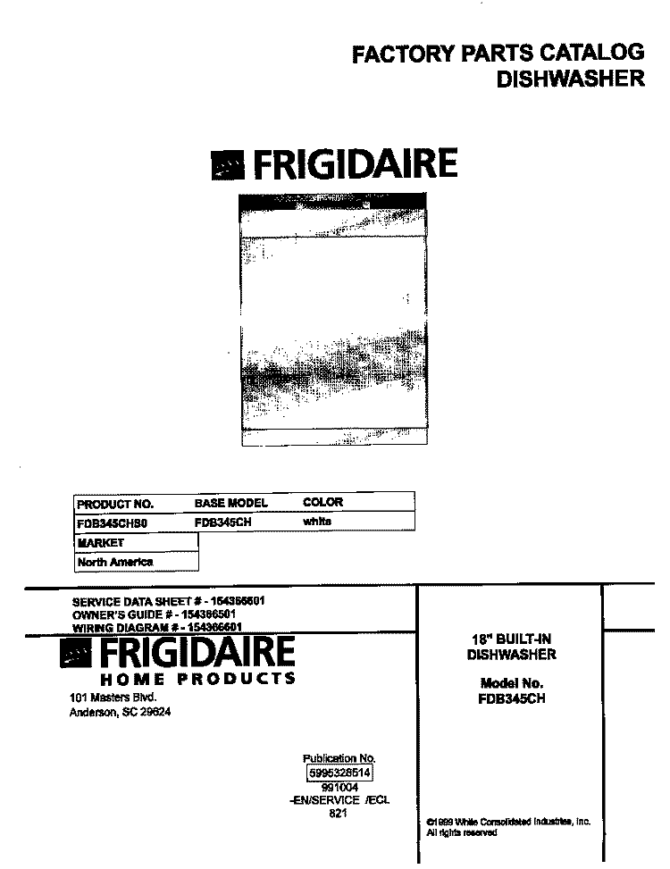 COVER Diagram and Parts List for FDB345CHS0  Frigidaire Dishwasher