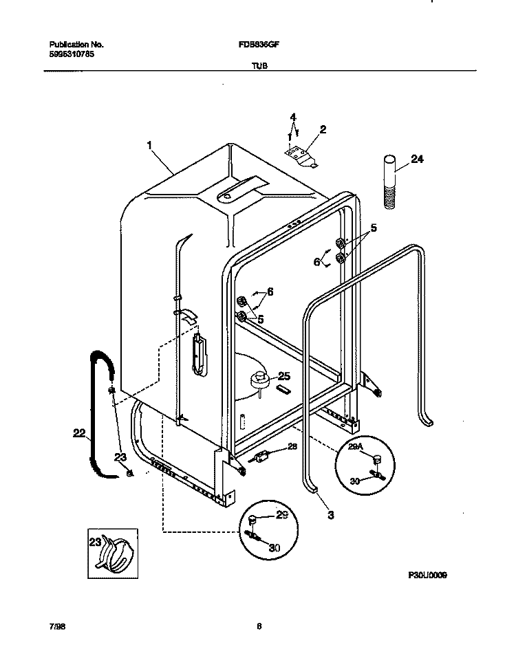 TUB Diagram and Parts List for FDB836GFB3  Frigidaire Dishwasher