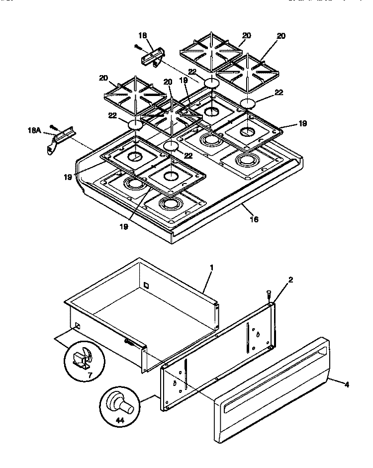 TOP / DRAWER Diagram and Parts List for TGF356BCWA  Tappan Range