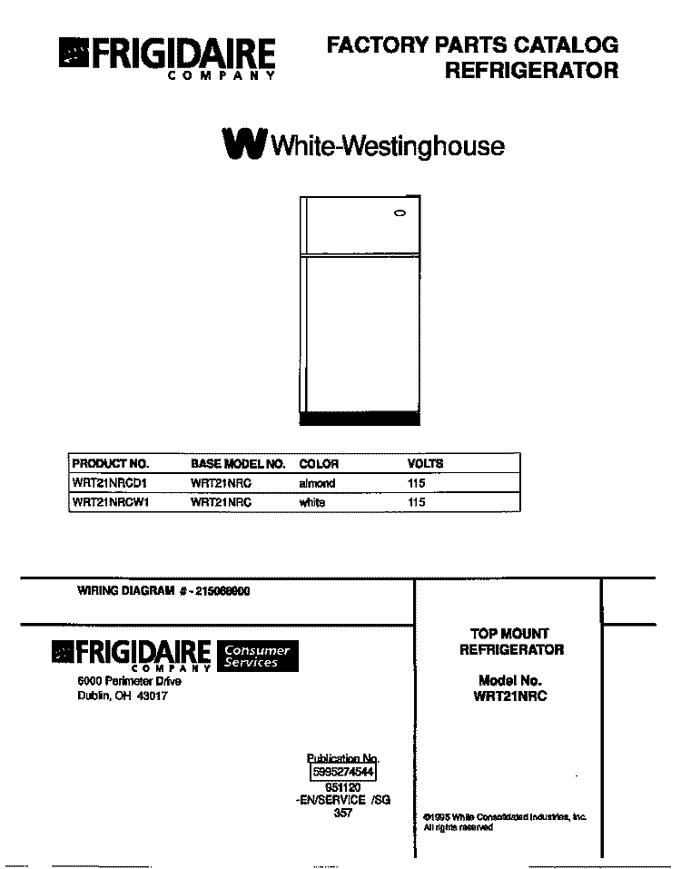 COVER Diagram and Parts List for WRT21NRCW1  Frigidaire Refrigerator