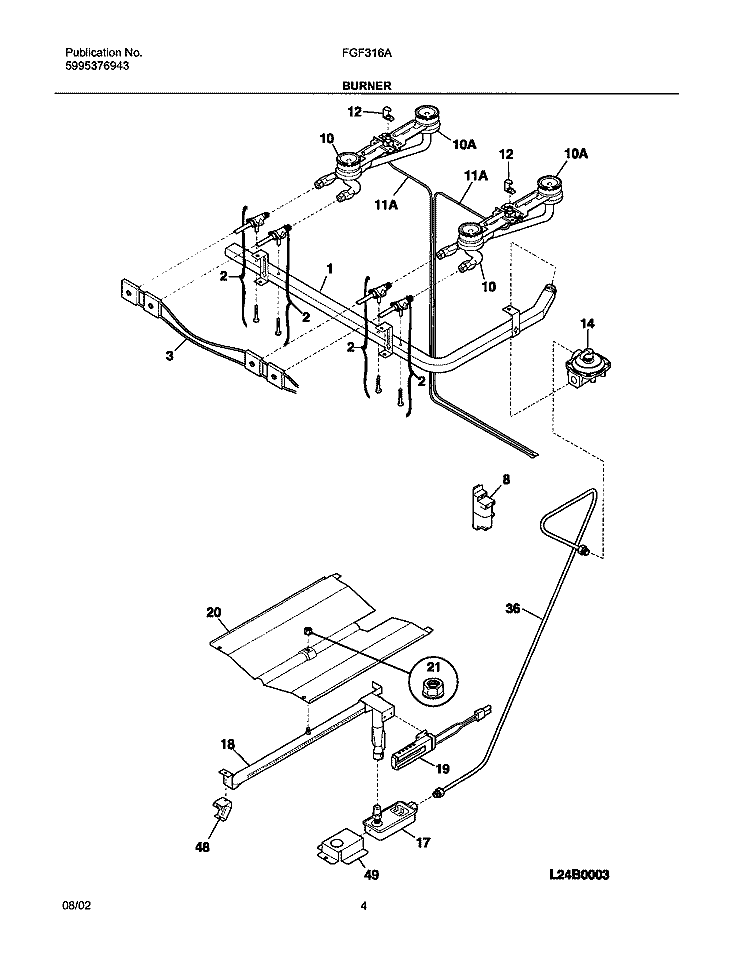 BURNER Diagram and Parts List for FGF316AQB  Frigidaire Range