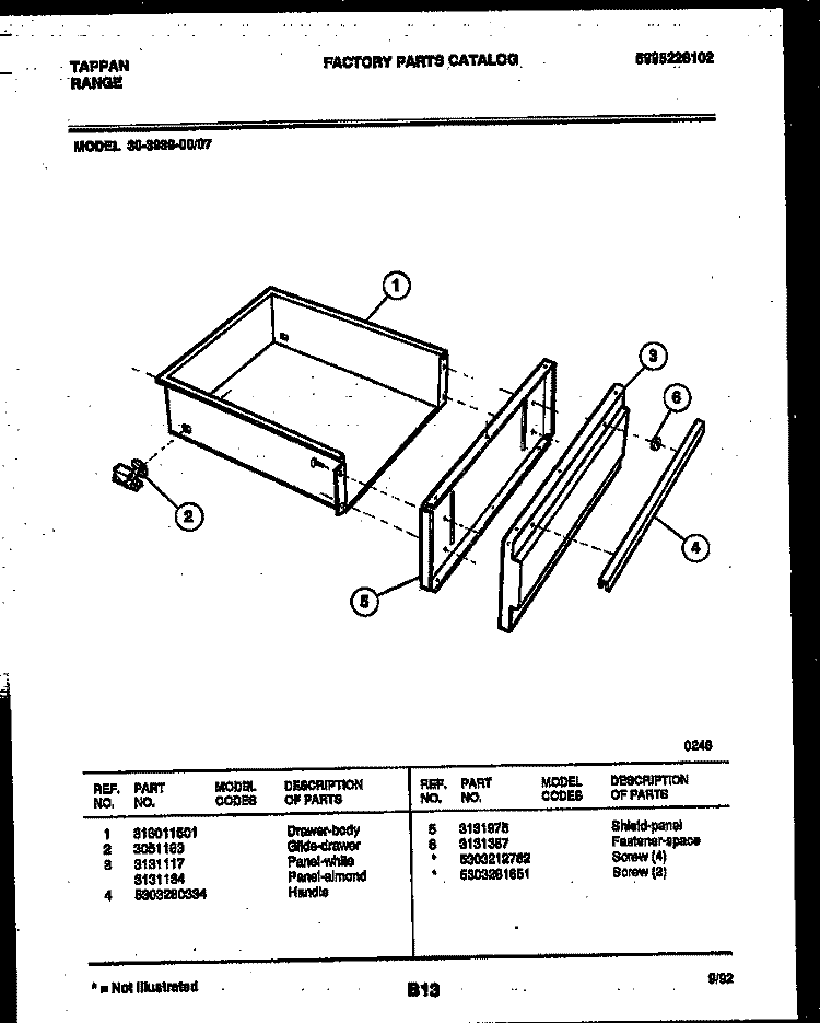 DRAWER PARTS Diagram and Parts List for 30-3989-23-07  Tappan Range
