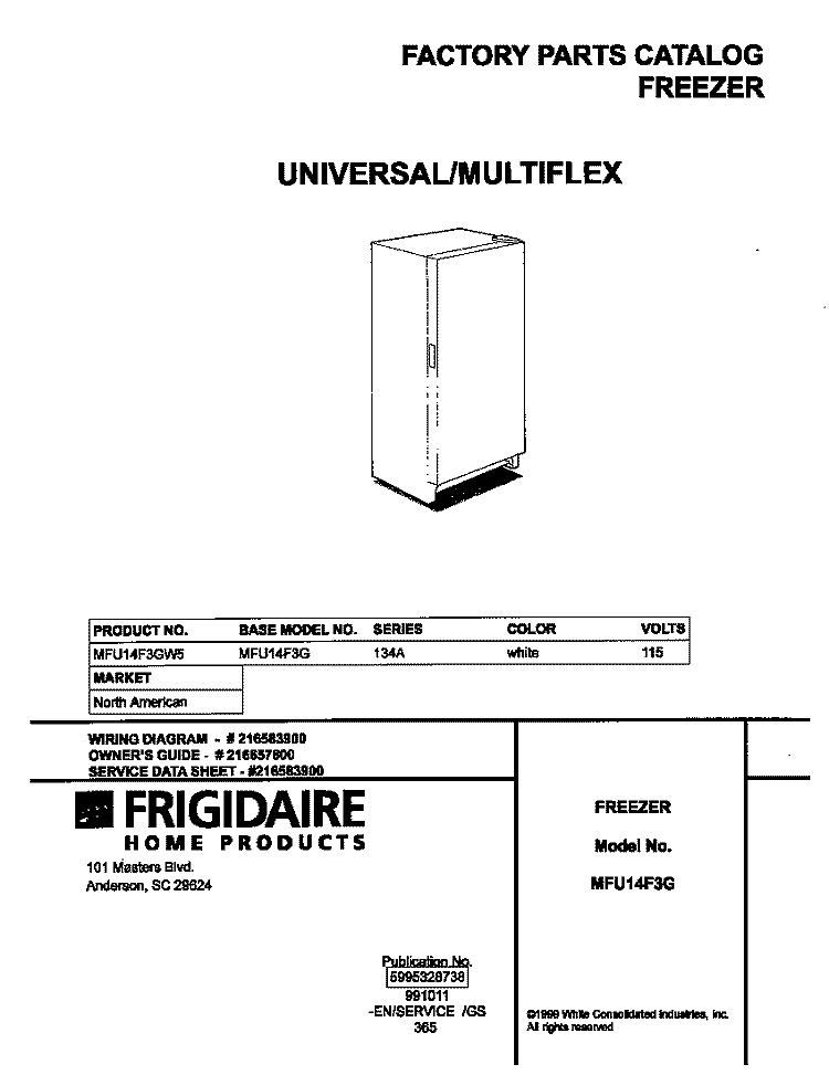 COVER Diagram and Parts List for MFU14F3GW5  Frigidaire Freezer