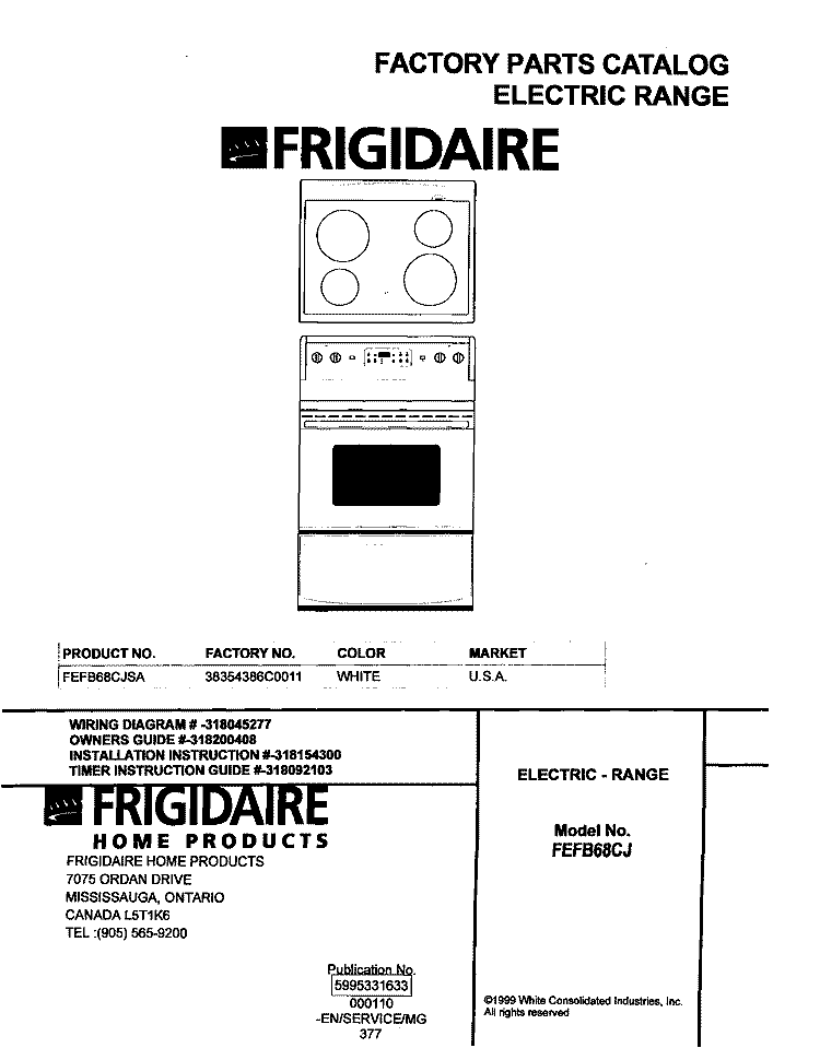 COVER Diagram and Parts List for FEFB68CJSA  Frigidaire Range