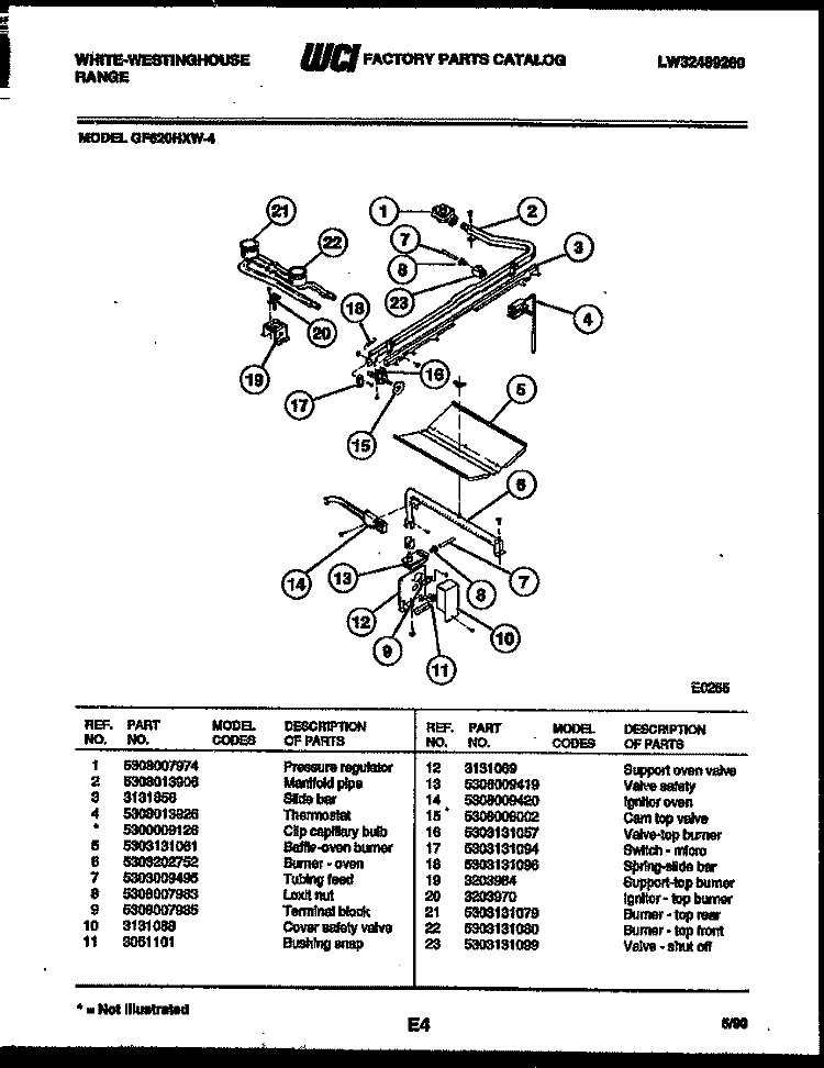 BURNER, MANIFOLD AND GAS CONTROL Diagram and Parts List for GF620HXD4  Frigidaire Range