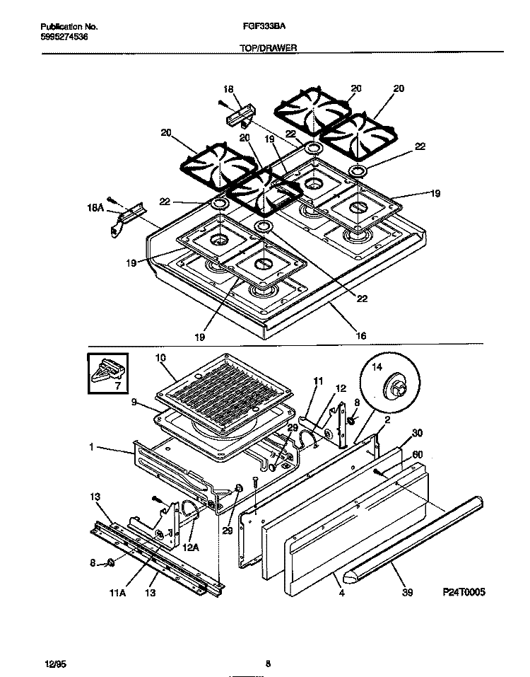 TOP / DRAWER Diagram and Parts List for FGF333BADC  Frigidaire Range