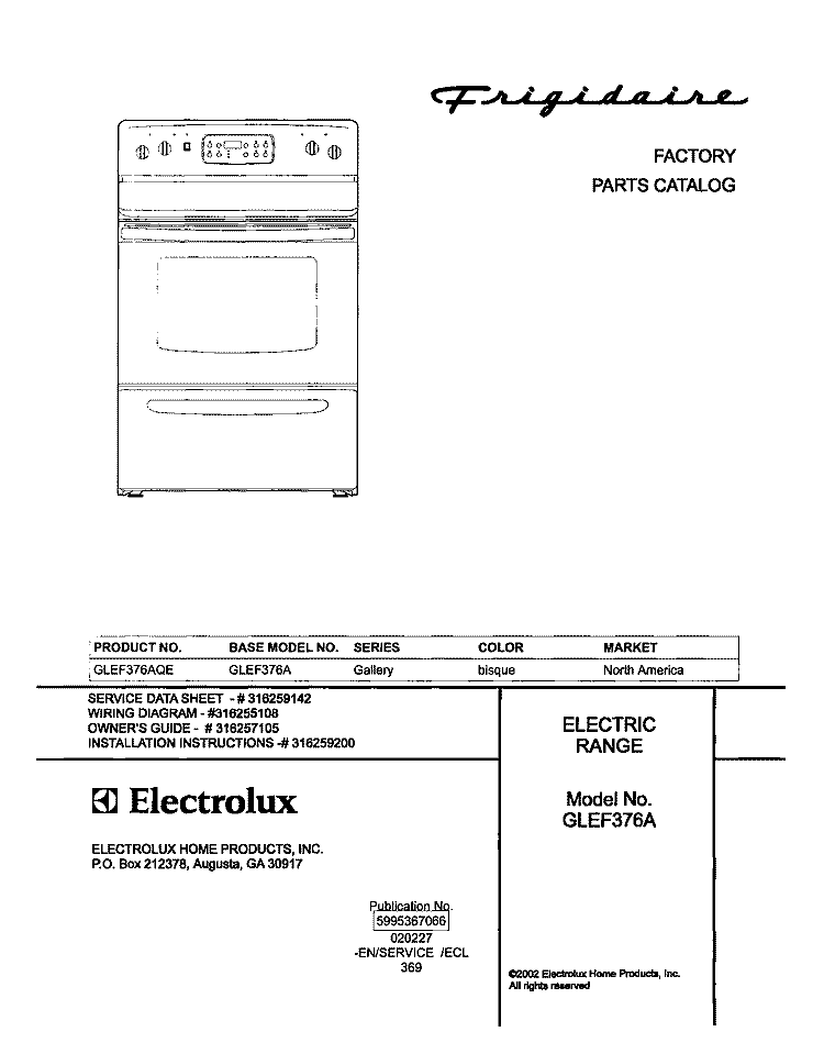 COVER Diagram and Parts List for GLEF376AQE  Frigidaire Range