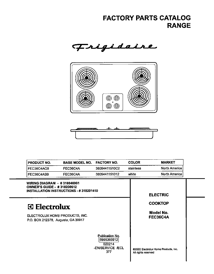 COVER Diagram and Parts List for FEC36C4ASB  Frigidaire Cooktop