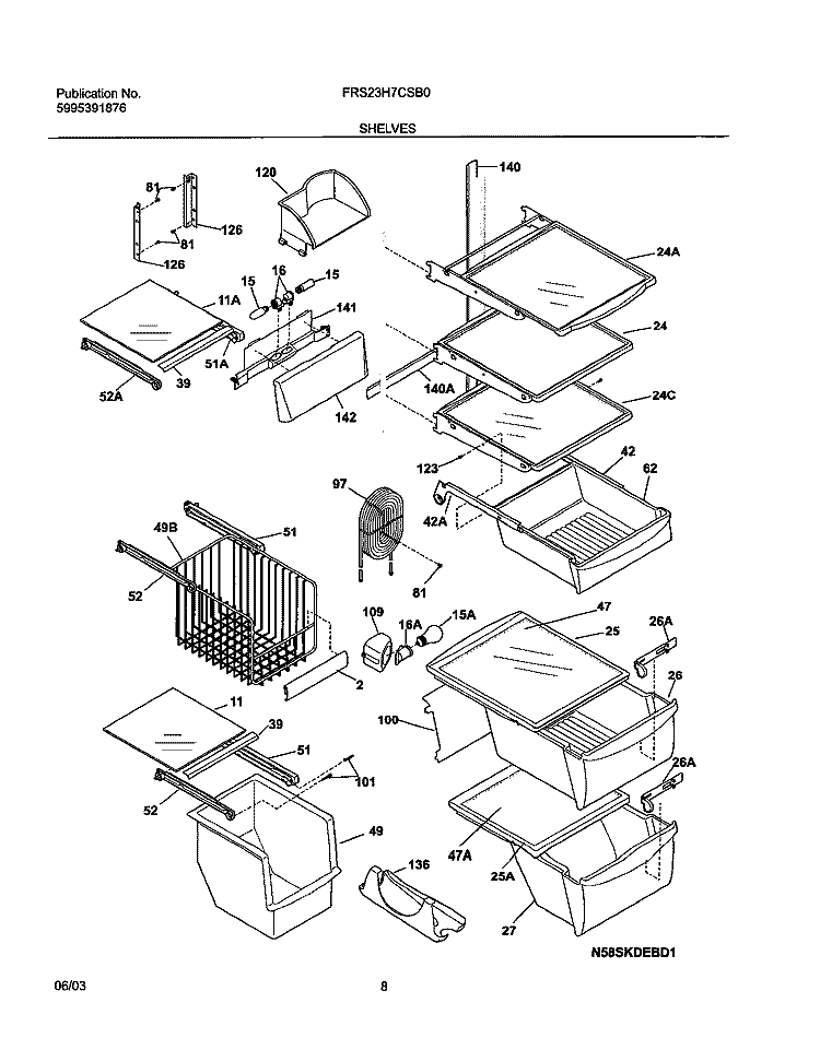 SHELVES Diagram and Parts List for FRS23H7CSB0  Frigidaire Refrigerator