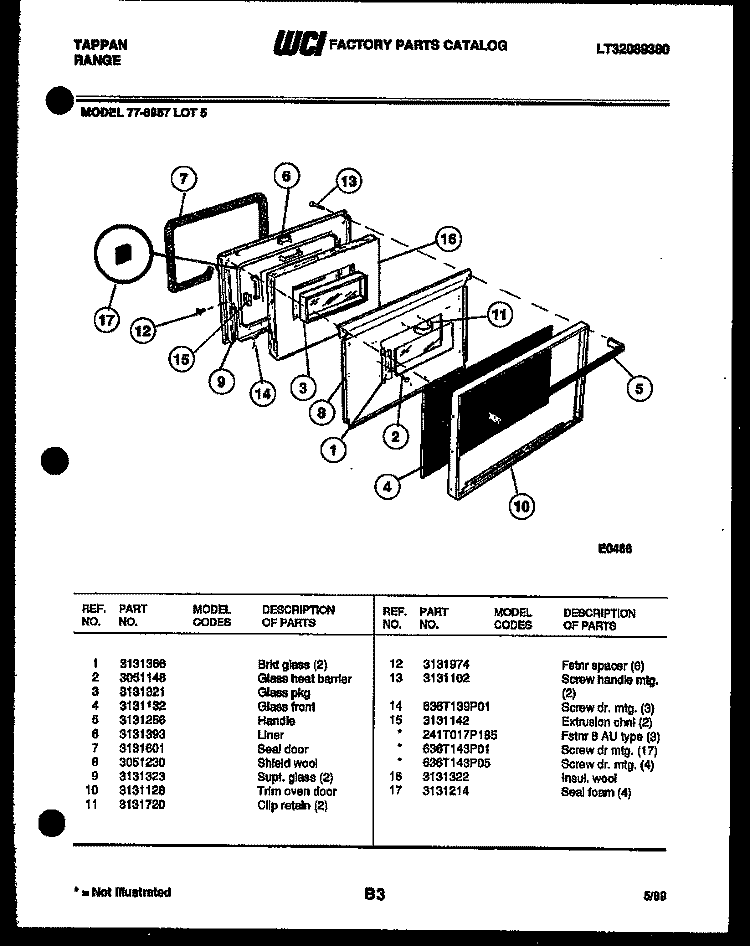 LOWER OVEN DOOR PARTS Diagram and Parts List for 77-8957-00-05  Tappan Range