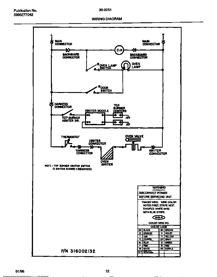 WIRING DIAGRAM Diagram and Parts List for 30-2251-00-10  Tappan Range